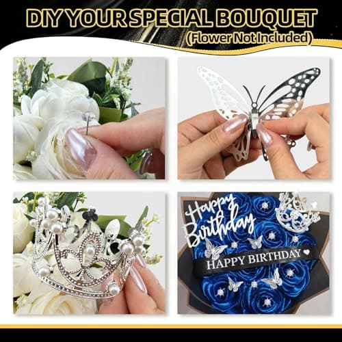 DIY Birthday Flower Bouquet Accessories Includes 2 Inch x 10 Yards Glitter Happy Birthday Satin Ribbon, Bouquet Crown, Butterfly Decor and Rhinestone Flower Pins for Birthday Gifts (Happy Birthday) thumbnail 4