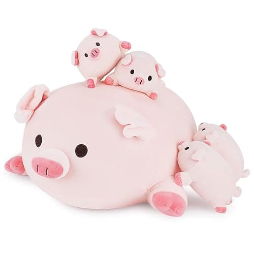 Achwishap 5PCS Pig Family,Pig Stuffed Animal Mommy with 4 Pig Babies Plush,Cute Pig Plush Pillow Cushion Doll,Kawaii Pig Plush Toy Hugging Pillow for Kid Birthday Gift Adult Valentines(16” Pig Family) - Image 1