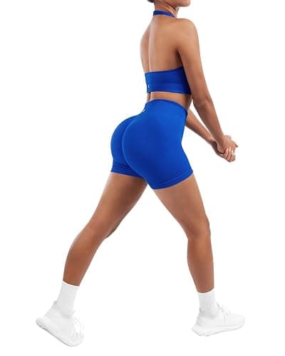 SUUKSESS Women Seamless Ribbed Workout Set Backless Sports Bra Booty Biker Short thumbnail 7