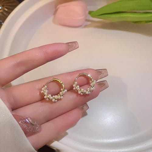 Pearl Chunky Gold Hoop Earrings For Women Trendy Sterling Silver Twisted Hoop Earring thumbnail 3