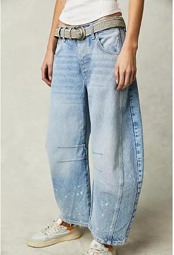 Mid Rise Barrel Jeans for Women Vintage Loose Wide Leg Cropped Denim Pants Y2k Baggy Boyfriend Jeans thumbnail 4