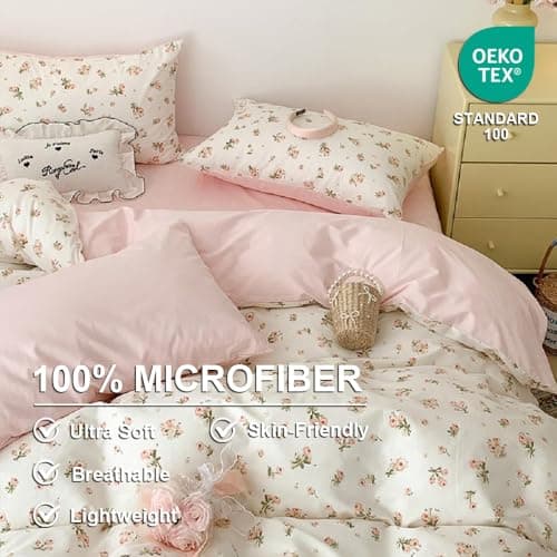 Erwinmu Floral Duvet Cover Set Twin Size,Pink Floral Flowers Bedding Duvet Cover with Zipper Closure,Reversible Comforter Duvet Cover and 1 Pillowcase thumbnail 3