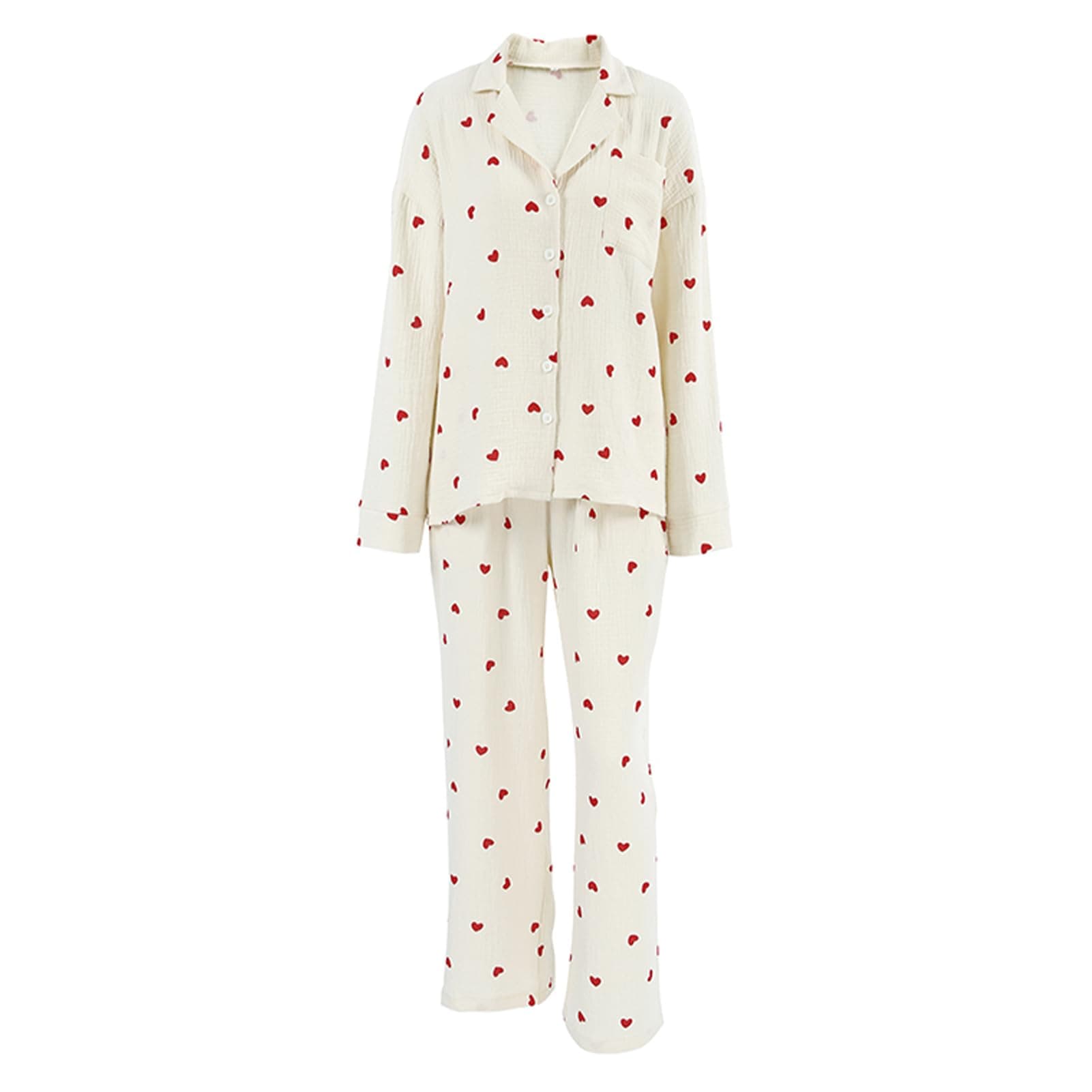 JATEFT Women's Cotton Pajama Set with Cute Heart Print, Cozy Long Sleeve and Long Pants, 2-Piece Sleepwear Kit (Large) Red thumbnail 7