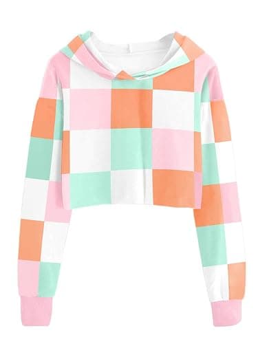 Seiciviy Girls Crop Tops Kids Hoodies Cute Plaid Color Block Shirts Long Sleeve Cropped Casual Pullover Fashion Sweatshirts - Image 1