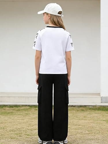 Afsmlys Tween Girls Clothes Short Sleeve Graphic T-Shirt Top + Cargo Pants 2pcs Outfit Set, Size 7-15Years thumbnail 7