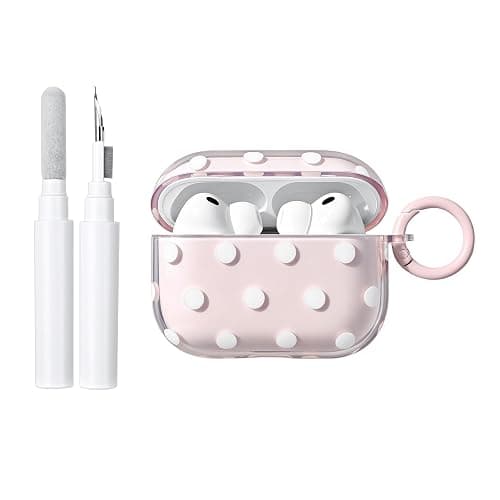 inewateri Compatible for AirPods Pro 2/Pro Case with Cleaner Kit, Cute Polka Dot Pattern Clear Aesthetics Trendy Design with Shell Keychain, Soft TPU Protective Cover for Girls Women-Pink - Image 1