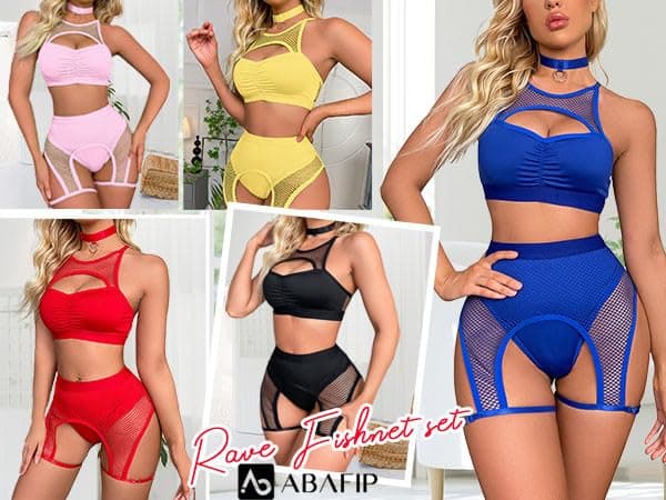 Women Rave Outfits Cutout Fishnet Top Booty Shorts Bottom Choker 3Pcs Babydoll Nightwear Festival Lingerie thumbnail 6