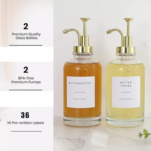Ezebesta Set of 2 Syrup Dispensers 500ml Glass Bottles with Elegant Pumps and Various Syrup Labels Kitchen Coffee Station Organization - PUMP PATENT REGISTERED thumbnail 4