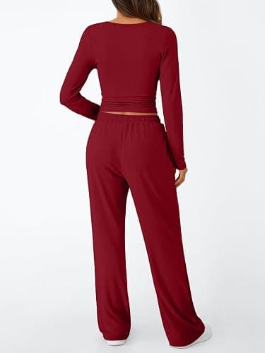 Trendy Queen Women's 2 Piece Matching Lounge Set Long Sleeve Side Ruching Top Wide Leg Drawstring Pants Set with Pockets thumbnail 4