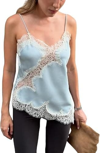 Women Lace Trim Satin Tank Top Halter Neck Silk Camisole Tops Patchwork Backless Spaghetti Strap Cami Shirts - Image 1