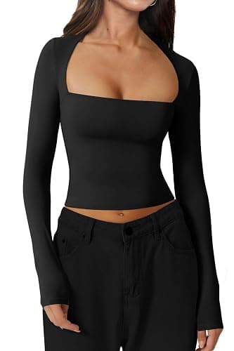 INFITTY Crop Tops for Women Basic Long Sleeve Y2k Tops Scoop Neck Slim Fitted T-Shirts - Image 1