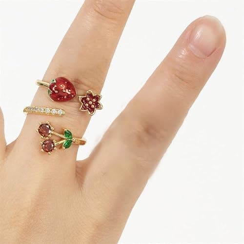 CZ Red Cherry Fruit Stacking Statement Ring for Women Gold Plated Adjustable Expandable Crystal Leaf Open Wrap Finger Rings Comfort Fit Dainty Birthday Halloween Christmas Jewelry Gift thumbnail 4