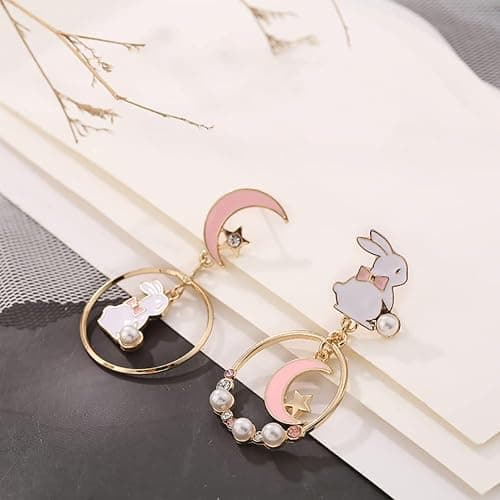 Asymmetric Rabbit Star Moon Earrings,Cute Bunny Pearl Crystal Drop Earring for Women Party Jewelry Gifts thumbnail 5