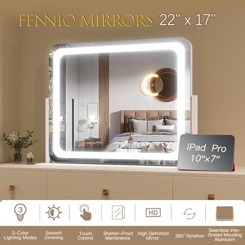 FENNIO Vanity Mirror with Lights 22''x17'' Makeup Mirror with Lights,Vanity Mirror Touch Screen with 3-Color Lighting,Dimmable,for Vanity Desk Tabletop thumbnail 7
