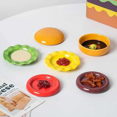 BoniIllusion Cute Hamburger Ceramic Dinnerware Set, 6-Piece Stackable Plates and Bowls Set with Lid, Microwave Safe Dinner Dessert Bowls Plates for Home Party (1-Pcs) thumbnail 2