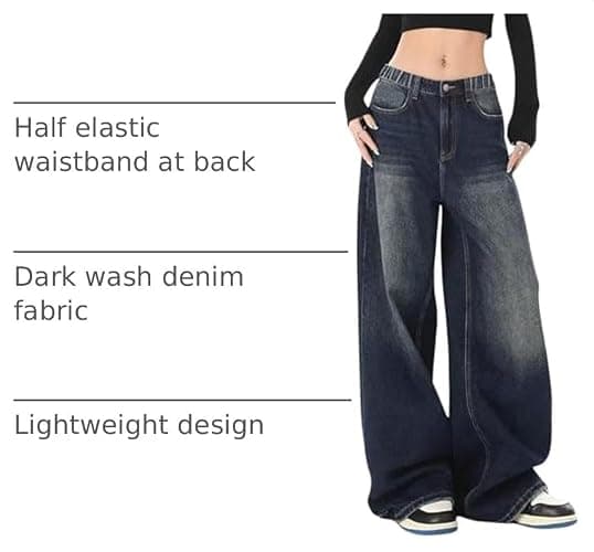 SHENHE Girl's Baggy Jeans Wide Leg Low Rise Y2k Loose Jeans Denim Pants | Elastic Waist, Y2k, Baggy Jeans,Wide Leg thumbnail 4