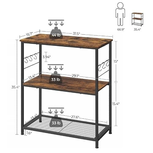 VASAGLE Bakers Rack, Kitchen Shelf, Kitchen Island, Microwave Oven Stand with 3 Open Shelves, 6 Hooks, Metal Frame, 15.7 x 31.5 x 35.4 Inches, Industrial, Rustic Brown and Black UKKI002B01 thumbnail 3
