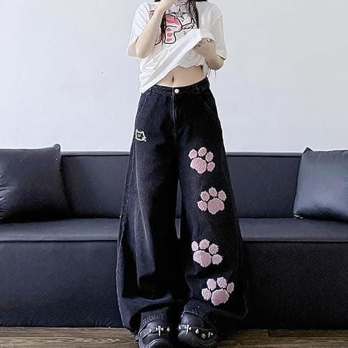 Kawaii Cat's Claw High Waisted Wide Leg Jeans for Women Y2K Harajuku Fashion Denim Pants with Patchwork Design thumbnail 3