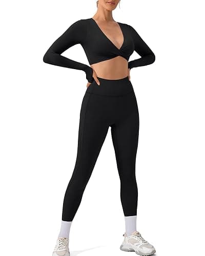 SUUKSESS Women 2 Piece Workout Sets Long Sleeve Twist Deep V Crop Padded Tops Yoga Leggings with Side Pockets thumbnail 3