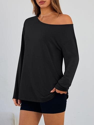 Trendy Queen Womens Off The Shoulder Oversized Tops | Long Sleeve Tshirts, One Shoulder Fall Outfits,Asymmetrical,Plus Size,Going Out Fashion Clothes,Sexy Blouse thumbnail 3