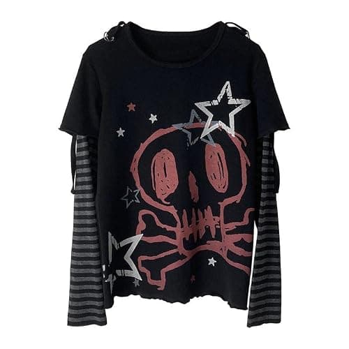 Pbkabiug Y2K Tshirt Long Sleeve Faux Two Piece Harajuku Loose Punk Tees Casual Rock Emo Grunge Aesthetic Tops - Image 1