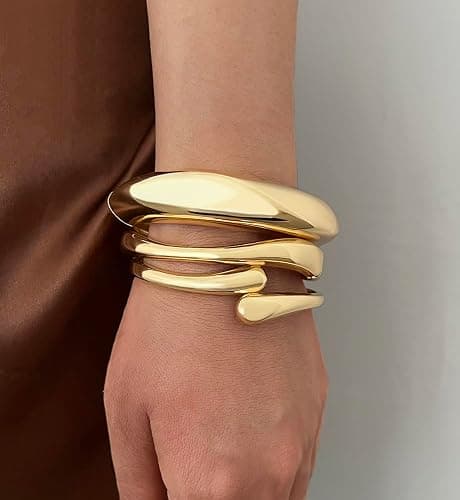 Chunky Gold Bangle Bracelets for Women, Dainty 14k Gold Plated Big Stackable Bangles Set, Trendy Statement Cuff Bracelet Stack Fashion Jewelry Christmas Gifts thumbnail 4