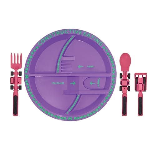 Constructive Eating Plate and Utensils Set - USA-Made Toddler Dinnerware with Divided Plates (Pink Construction) - Image 1