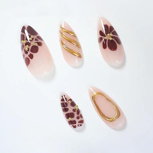 MERVF Almond Press on Nails Medium Fake Nails Brown French Tip Glue ons Fall Flower Acrylic Nail Gold Stiletto False with 3D Design Glossy 24pcs thumbnail 3
