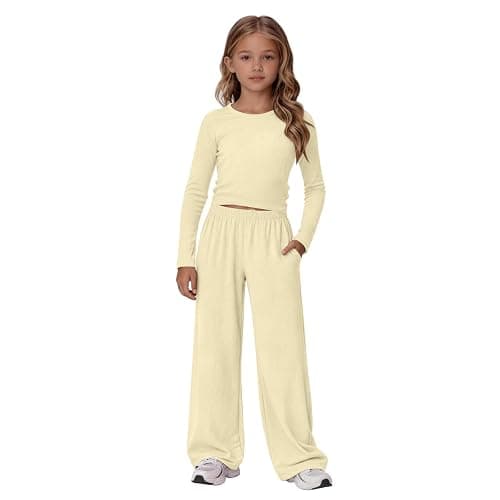 Girls 2 Piece Set Spring Outfits Lounge Sets Ruched Long Sleeve Top Wide Leg Pants Sweatsuit Clothing Athletic Outfit thumbnail 2