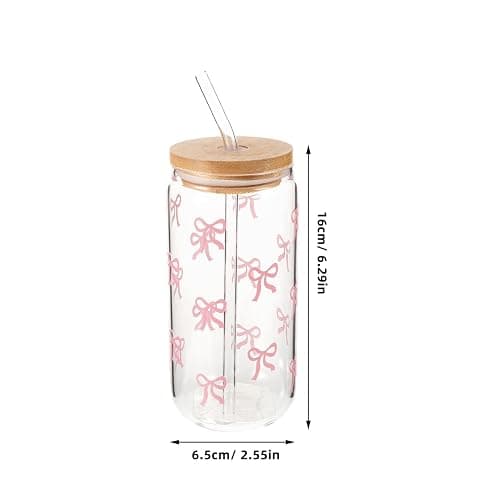 TOPPERFUN Cute Glass Water Cup with Lid and Straw: 400ml/ 13.5oz Glass Tumbler Drinking Set Travel Mug, Cute Bowknot Design Reusable for Beer Iced Coffee Whisky Water thumbnail 3