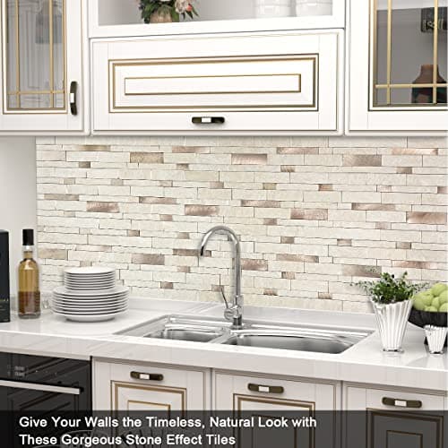 BeNice Backsplash Peel and Stick Wall Tiles for Kitchen,Subway Self Adhesive Linear Mosaic Stickers Bathroom Waterproof(10 Sheets,Rustic Beige Brown) thumbnail 3