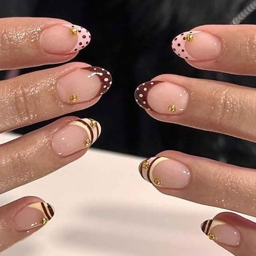 Foccna Polka Dots Press on Nails Brown French Short Fake Nails Oval Acrylic False Nails,Artificial Nails for Women 24pcs - Image 1
