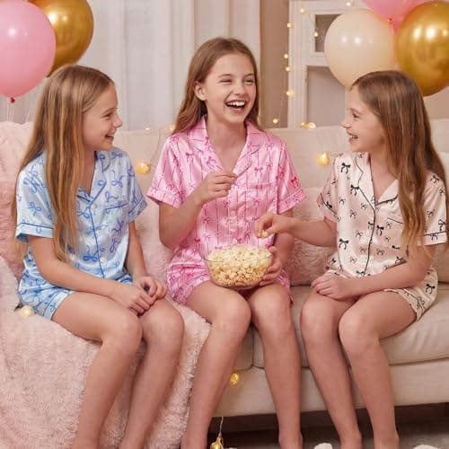 FIOBEE Girls Satin Pajamas Set Short Sleeve Button Down Sleepwear Silky Soft Two Piece Pjs Clothing for Kids Teens 8-14 Years thumbnail 3
