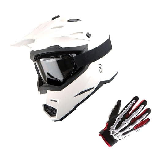 1Storm Motocross Adult Helmet BMX MX ATV Dirt Bike Helmet Glossy White + Goggles + Skeleton White Glove Bundle - Image 1