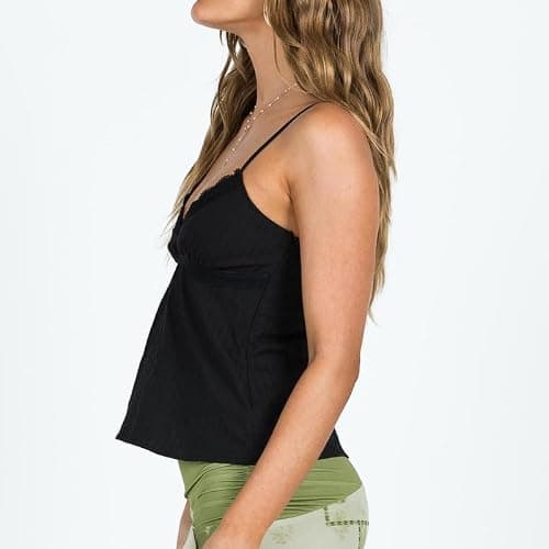 Women Y2k Babydoll Tank Tops Lace Trim V Neck Crop Cami Spaghetti Strap Peplum Top Summer Cute Aesthetic Flowy Shirts - Ruffle Black - Medium thumbnail 3