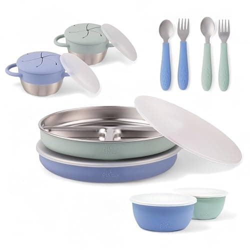 Elk and Friends Stainless Steel Mealtime Bundle with Sleeves | 10pc Set | Kids/Toddler Dinner Set | Silicone Sleeves | 7.8" Plates, Bowls, Snack Cups, Toddler Utensils | Travel Lids | Dishwasher Safe - Image 1