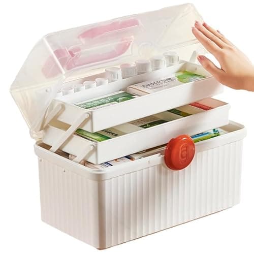 MC MEICHUANG Plastic Family First Box Aid, 3 Layers Portable Medicine Storage Container, Empty Emergency Medical Organizer with Handle for Family, Office and Travel (White-Orange-Clear) - White-Orange-Clear - Image 1