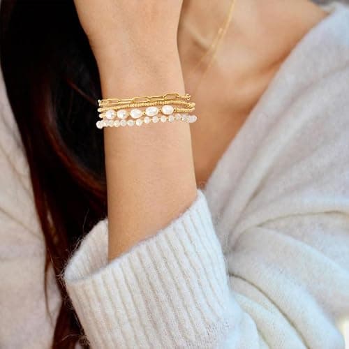 Pymach Dainty Gold Plated Pearl Crystal Beaded Bracelets Set for Women 14K Gold Plated Bead Pearl Beads Bracelet Stackable Paperclip Link Chain Bracelets Gold Plated Bracelets for Women Trendy Jewelry thumbnail 5