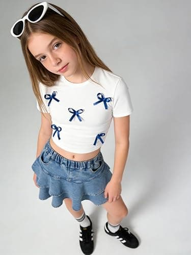 Afsmlys Tween Girl Clothes Short Sleeve Bow Knot Top + Denim Mini Skirt Teen Girl Clothing, Size 8-13 Years thumbnail 4