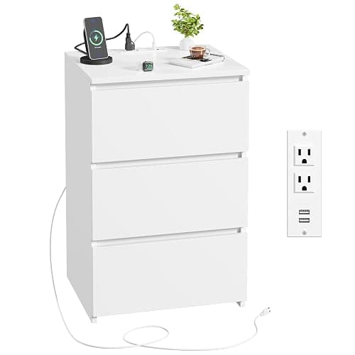 FOTOSOK White Nightstand, 26" H Night Stand with Charging Station, White Nightstand with USB Ports & Power Outlets, Silent Slides, Wooden End Side Table Bedside Table with 3 Drawers for Bedroom thumbnail 7