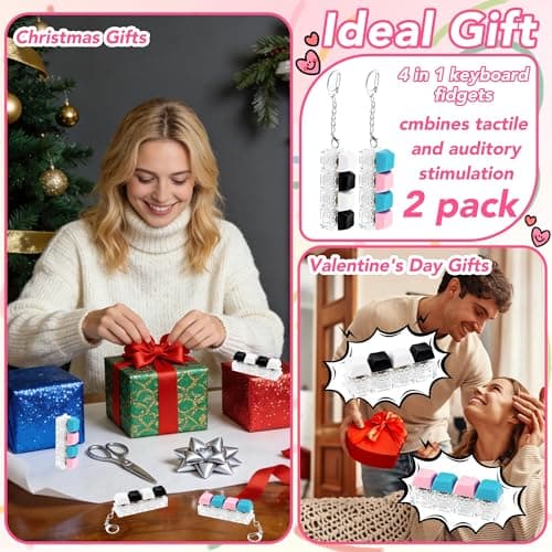 2 Pcs 4 in 1 Keyboard Fidget Toy Keychain, Clicky Button Toy Stress Relief Keychain with Swappable Keycaps, Mini Mechanical Key Fidget for Office Desk Focus Gifts (Blue Pink Black White) thumbnail 5