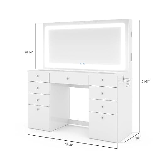 Boahaus Lydia Extra-Large Makeup Vanity Desk, Dimmable LED Mirror, Dual Bluetooth Speakers, 11 Drawers, USB-C & USB-A Ports, 110 V Outlet, Tempered Glass Top & Crystal Knobs thumbnail 2