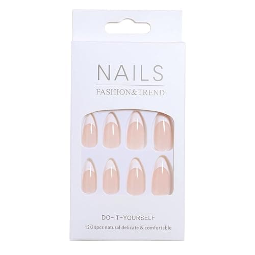 French Press On Nails - Christmas Stocking Stuffers Gitfs for Women Short Almond Pink False Nail Tips, Gitfs for Women 24 Pcs Stick On Nails, Supremely Fit & Natural Reusable Nails in 12 Sizes - Image 1
