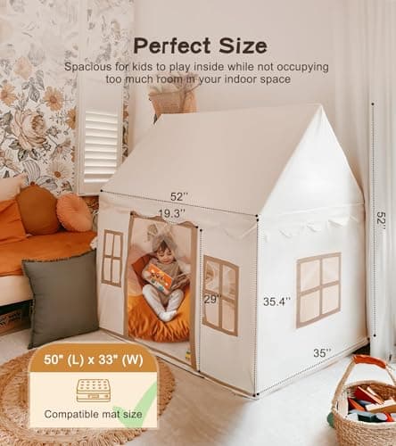 Large Kids Play Tent with Mat, XICEN Play Tent Indoor with Star Lights and Windows, Playhouse for Boys and Girls Aged 3+, Kid Tent with Mat Washable (Cream) thumbnail 5