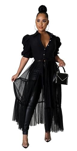 Ekaliy Women Sexy Short Sleeve Bodycon High Low Asymmetrical Ruffle Tunics Blouse Shirt Top Dress - Image 1