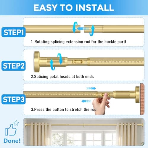 SISELBA Tension Curtain Rod 42-144 Inches, No Drill Adjustable Spring Tension Rod, Push Button to Lengthen & Release to Lock, Heavy Duty Rust-Resistant for Window Living Room Closet Outdoor, Gold thumbnail 7