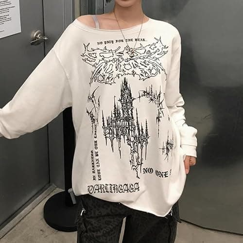 Women's Y2K Retro Printed Slanted Shoulder top, Loose and Slimming, Casual and Versatile Long Sleeved T-Shirt thumbnail 4