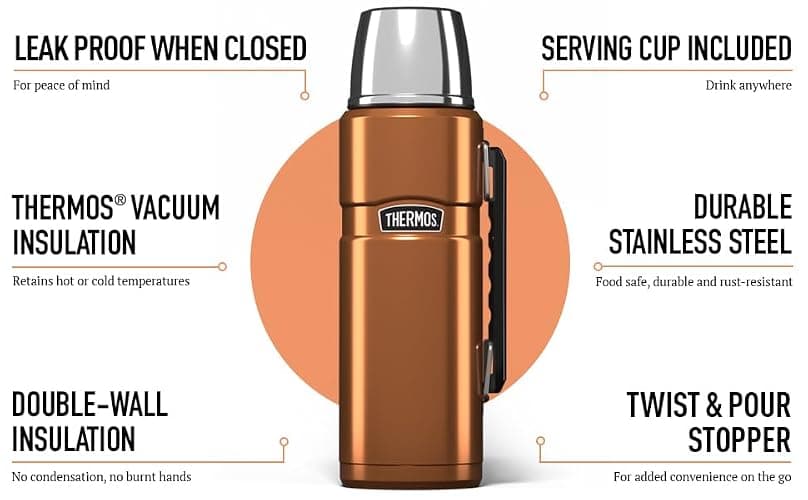 Thermos - Stainless King Copper Travel Flask (1.2L) - Premium Leak Proof Insulated Tea & Coffee Flask for Hot & Cold Drinks, Built-in Cup, Twist-Pour Stopper, BPA-Free, Durable Steel thumbnail 6