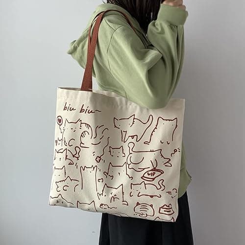  ★ Cute Tote Bag for Women with Zipper, Funny Purse with Cats Dogs Large Canvas Shoulder Bag Handbag thumbnail 9