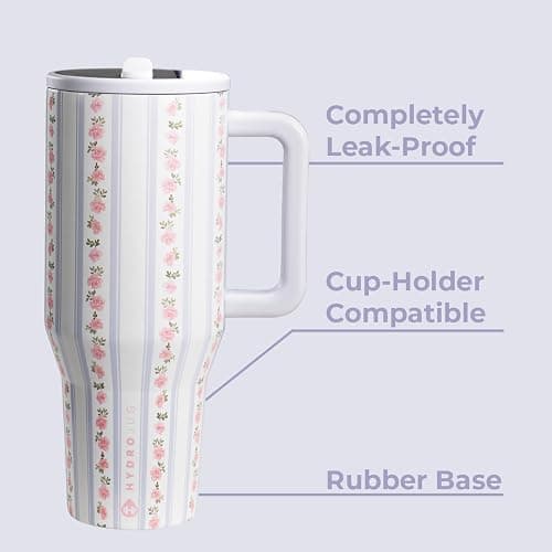 HydroJug Traveler - 40 oz Water Bottle with Handle & Flip Straw - Fits in Cup Holder, Leak Resistant Tumbler-Reusable Insulated Stainless Steel & Rubber Base - Gifts for Women & Men, Primrose thumbnail 3
